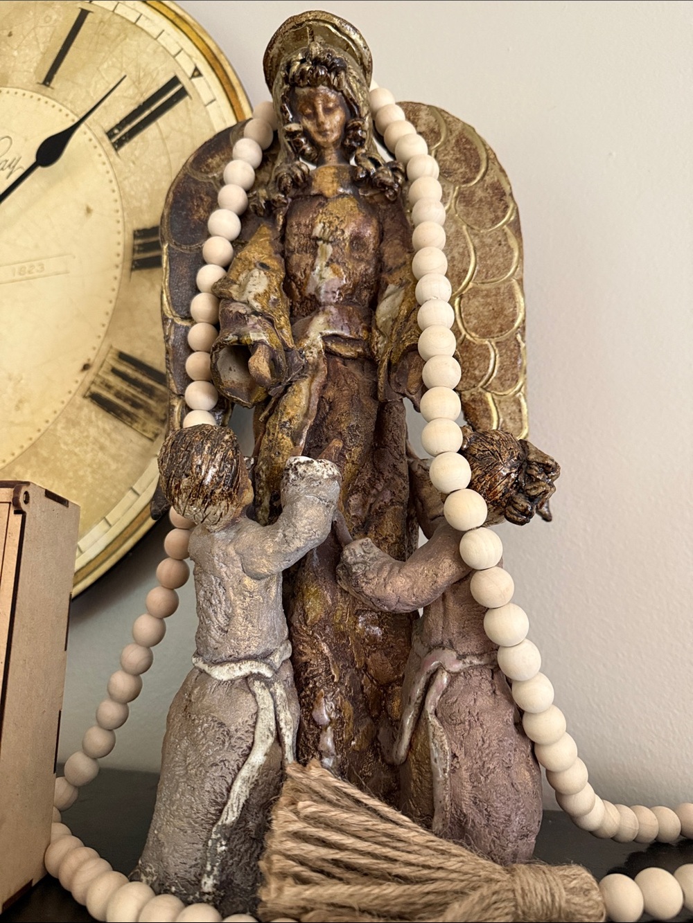 Rustic Guardian Angel Sculpture in Brown and Gold Finish